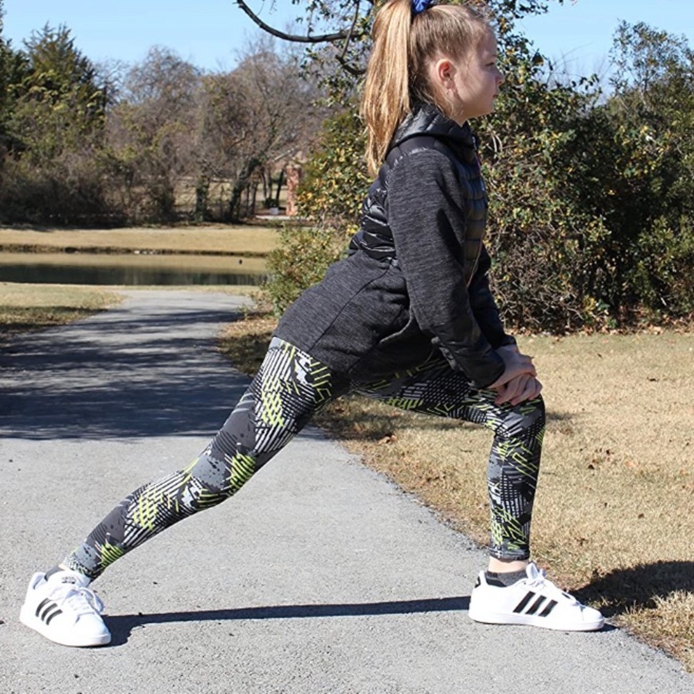 grey and green rectangle leggings